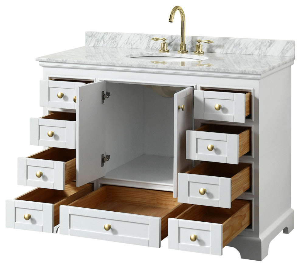 48" Single Bath Vanity, White, White Carrara Countertop, Sink, Gold Trim