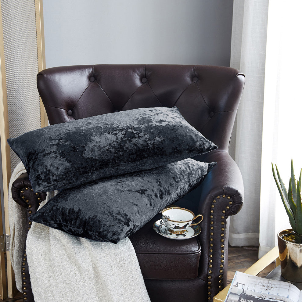 Crushed Velvet Pillow Cover 2 Piece Set, Gun Metal, 14" X 26"