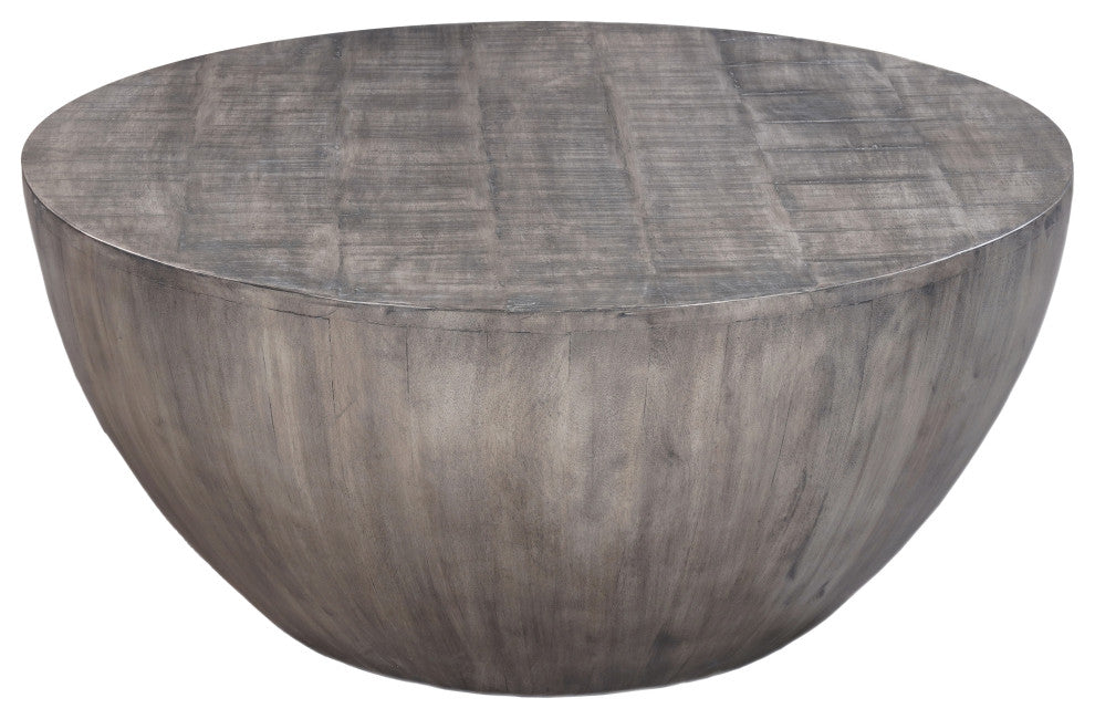 36" Round Coffee Table Handcrafted Drum Shape Mango Wood With Olive Gray Finish