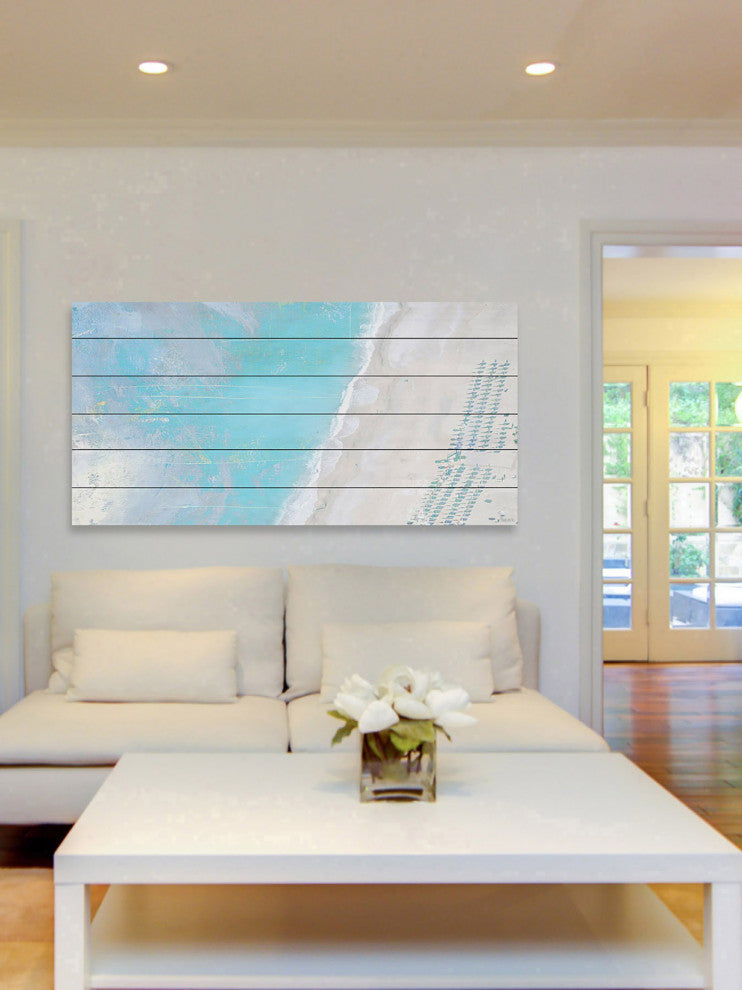 "Hazy Beach" Painting Print on White Wood, 60"x30"
