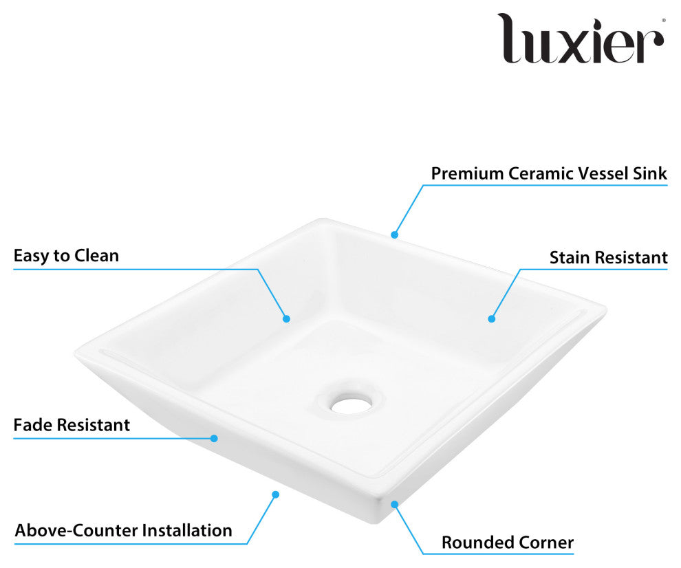 Luxier CS-006 Flat Square Bathroom Ceramic Vessel Sink Art Basin in White