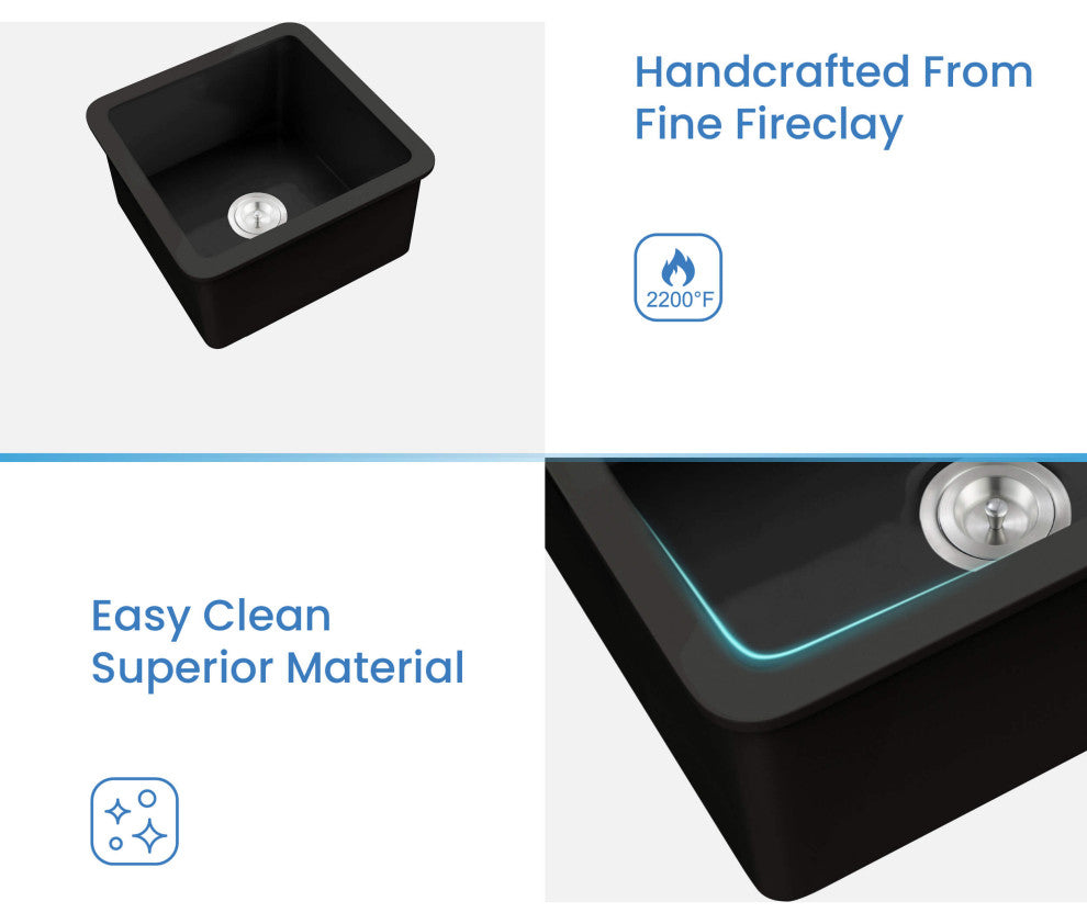 Pure 18" Fireclay Kitchen Undermount Single Bowl Sink, Matte Black