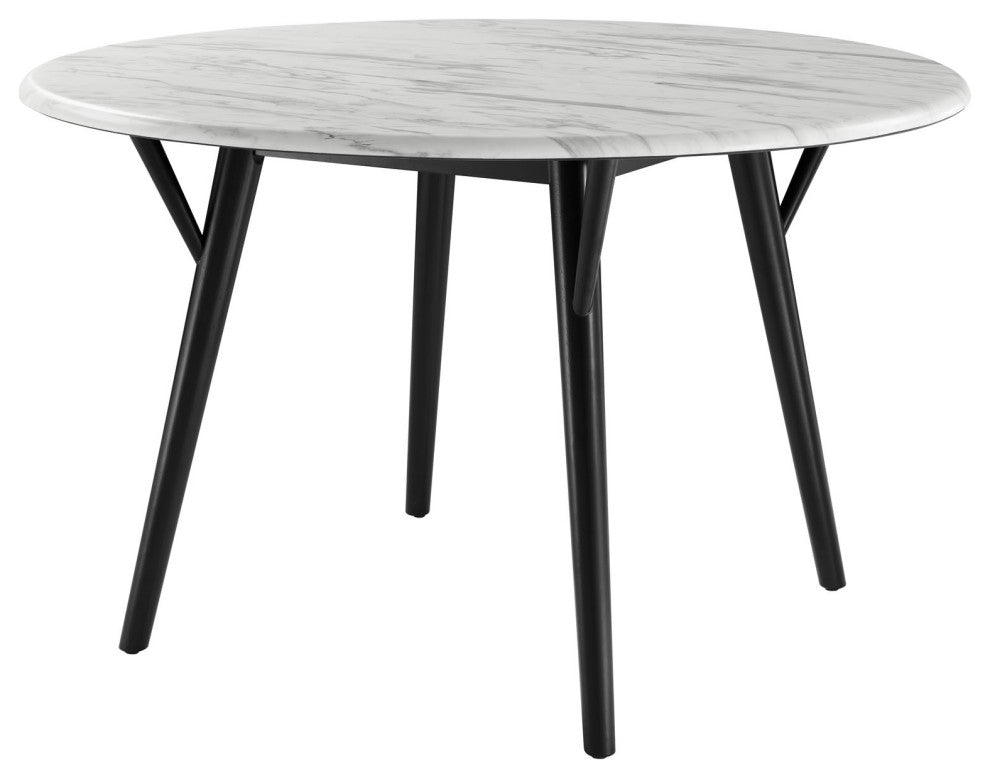 50" Dining Table, Round, White Black, Wood, Artificial Marble, Modern