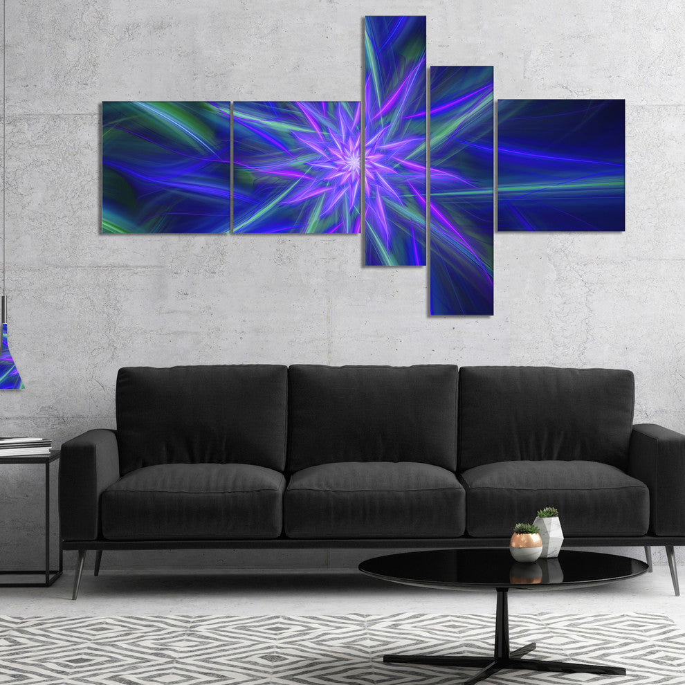 Shining Blue Exotic Fractal Flower, Floral Canvas Art Print, 60"x32", 5 panels