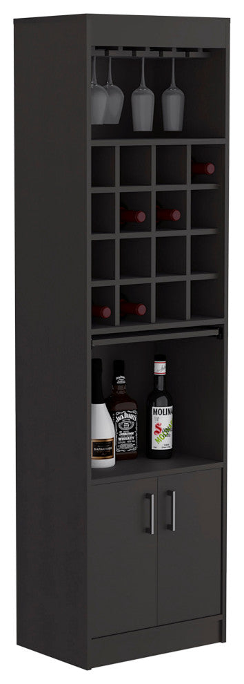 DEPOT E-SHOP Athens Bar Cabinet,16 Wine Cubbies,2 Open Shelves,Glass Rack, Black