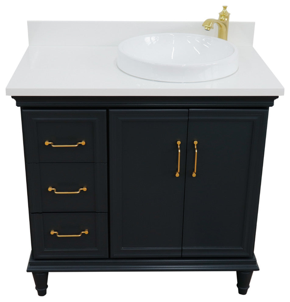 37" Single Vanity, Dark Gray Finish With White Engineered Stone Top