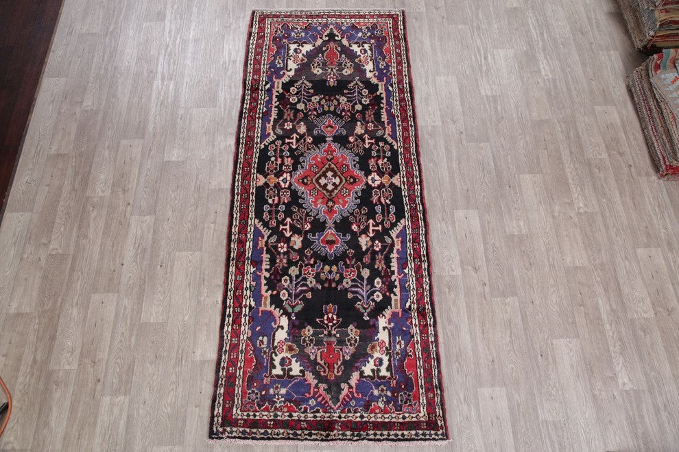 Consigned, Hamedan Wool Handmade Persian Oriental Runner Rug, Black, 9'4"X3'8"