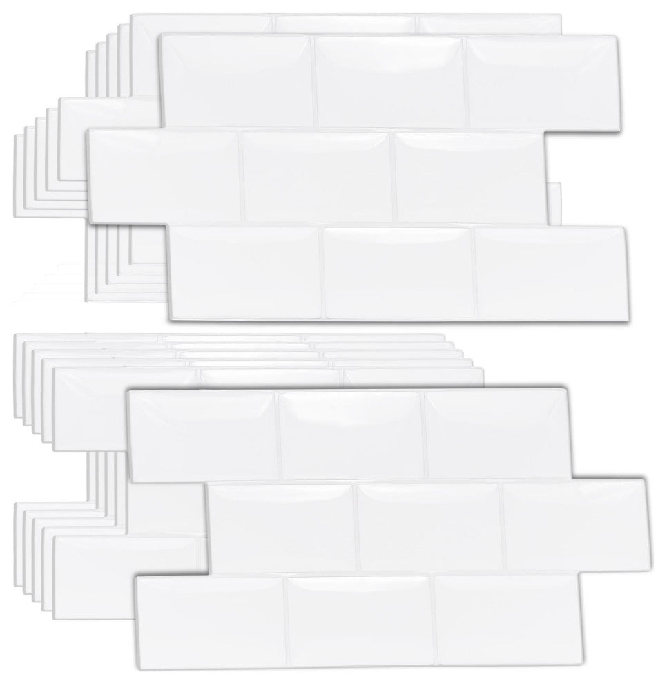 Pure White Glossy Subway Metro Classic Brick 3D Tile Sticker, 12"x6", Set of 20
