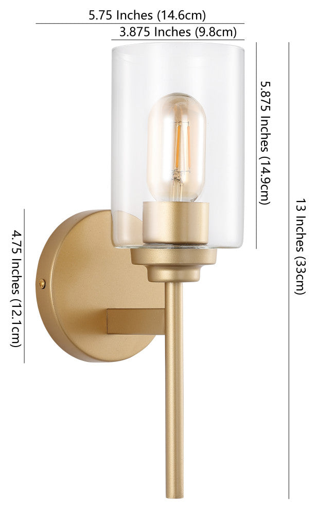 Juno 13" 1-Light Farmhouse Industrial Iron Cylinder LED Vanity, Brass Gold/Clear