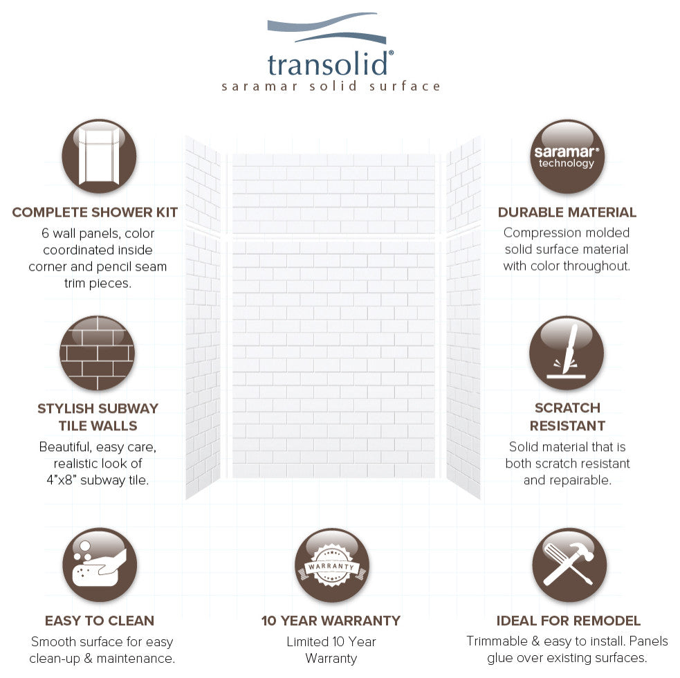 Transolid SaraMar 48"x36"x96" 6-Piece Shower Wall Kit with Extension, White