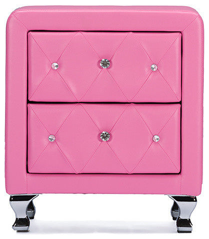 Stella Crystal Tufted Pink Leather Modern Nightstand