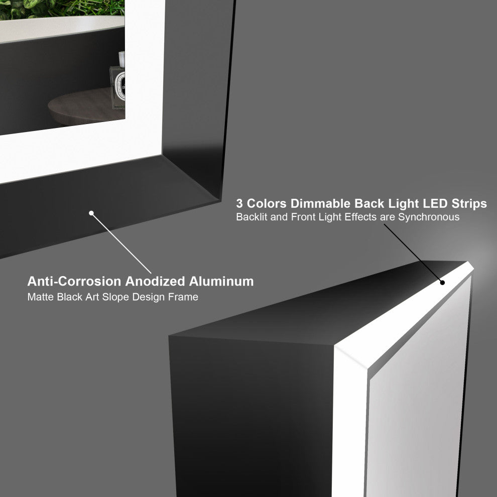 Beveled Bathroom LED Mirror Framed, Backlit and Front Light, Matte Black, 24"x32"