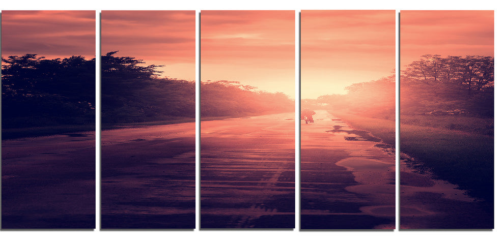 Vintage Biker at Sunset, Modern Landscape Wall Art Canvas, 60"x28", 5 Panels