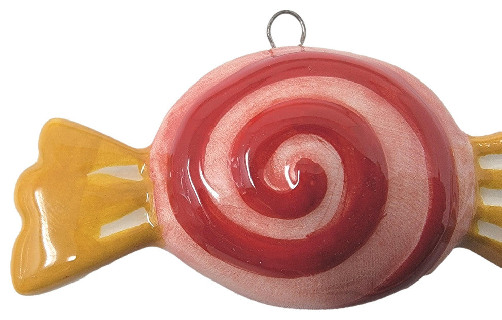 Set of 3 Striped Ceramic Candy Ornaments Bonbon Old Fashioned Vintage Style, Red Swirl/Blue/Pink
