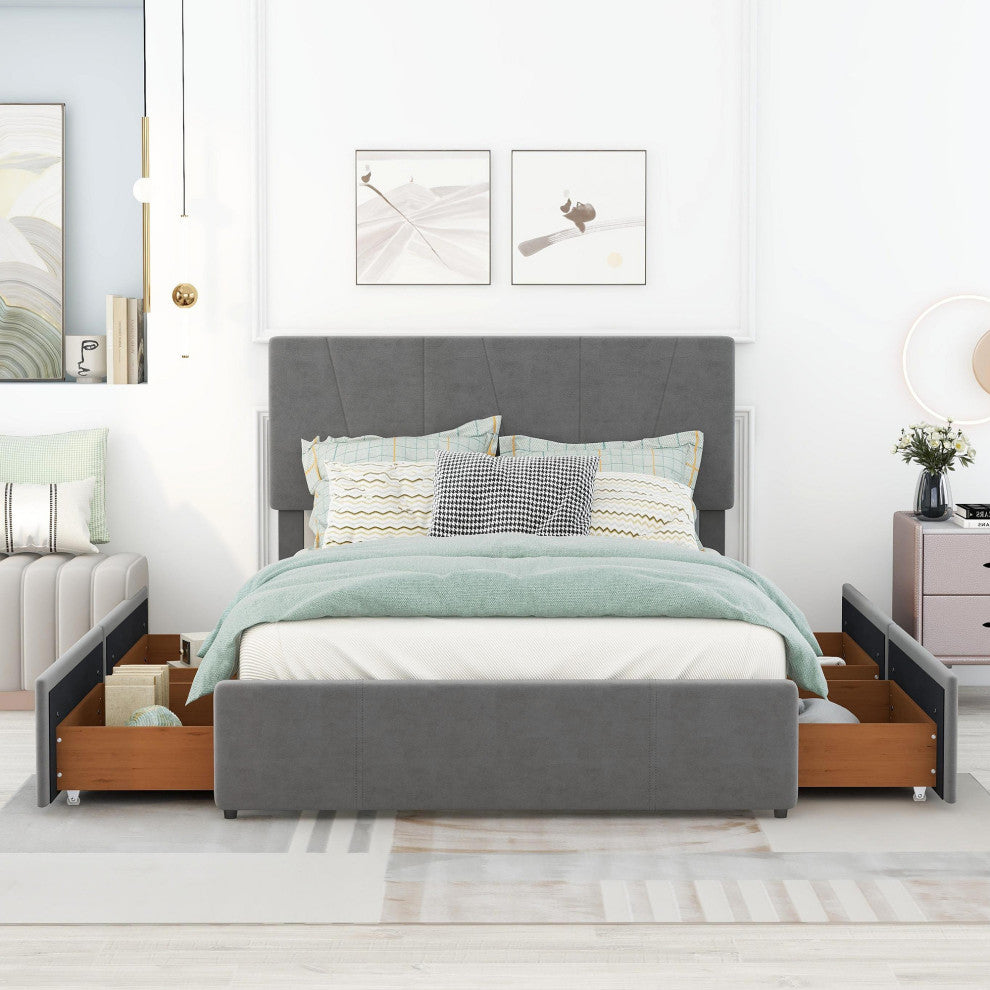 Gewnee Full Size Upholstery Platform Bed with Four Drawers on Two Sides in Grey