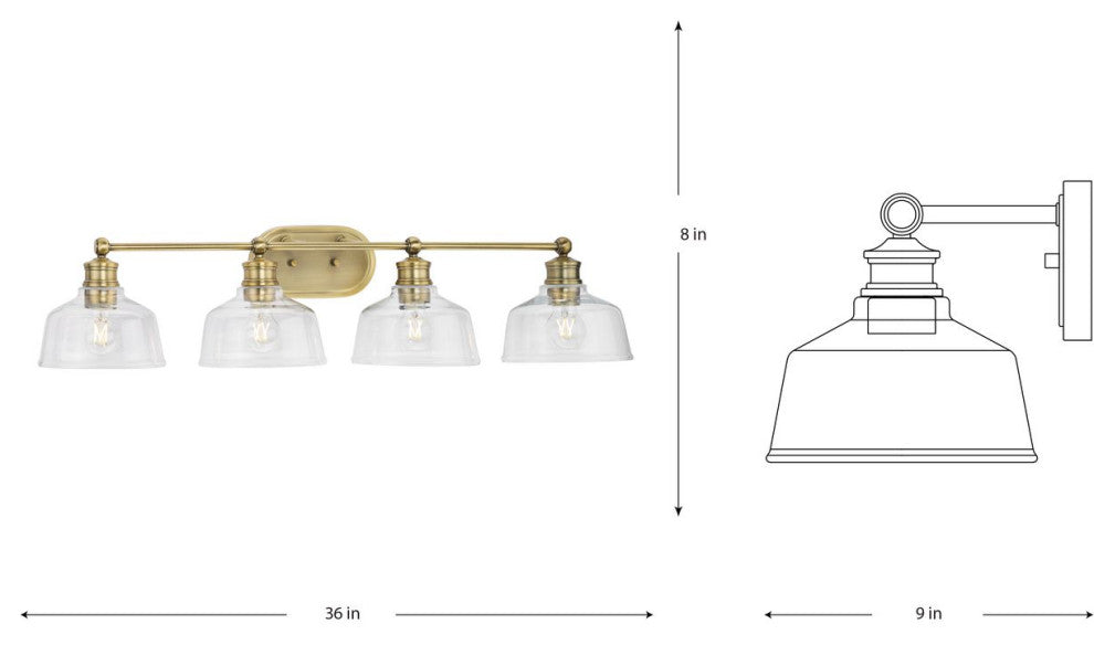 Singleton 4-Light 36" Vintage Brass Farmhouse Vanity Light, Clear Glass Shades