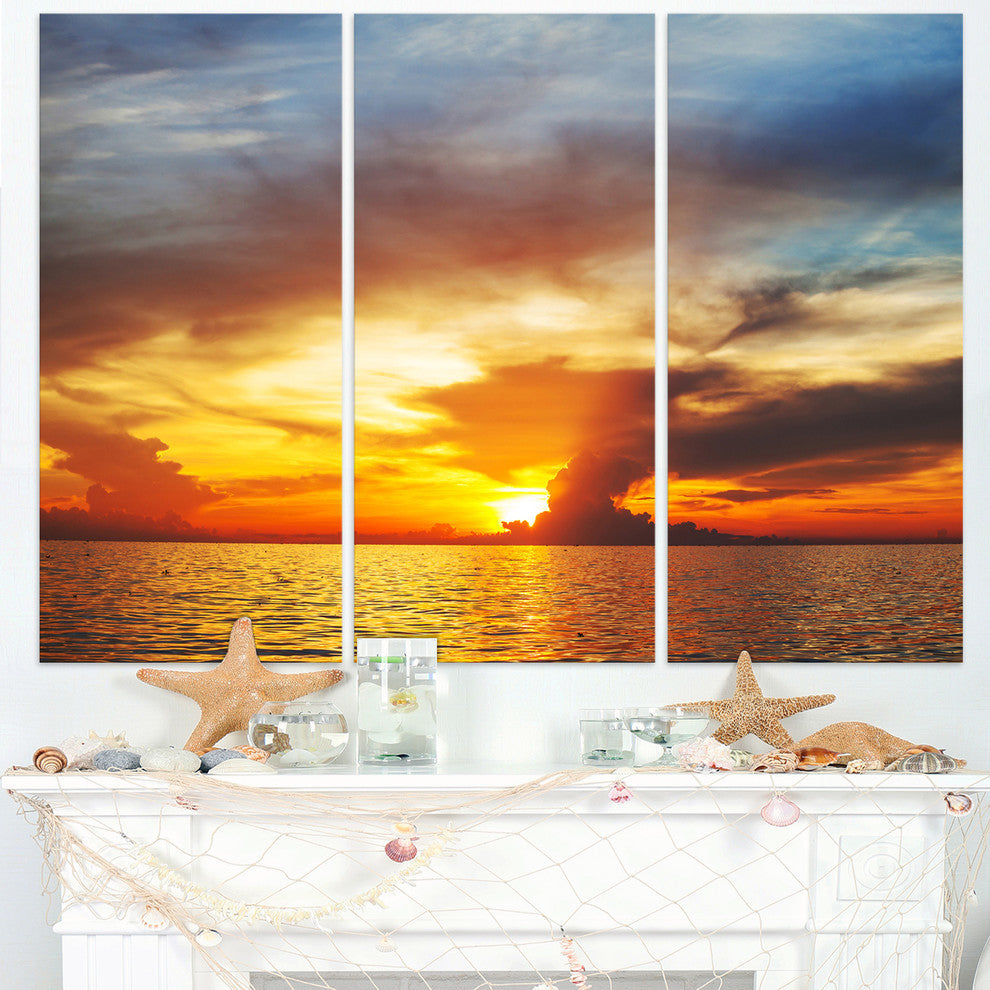 "Fiery Sky at Sunset Over Sea" Metal Wall Art, 3 Panels, 36"x28"