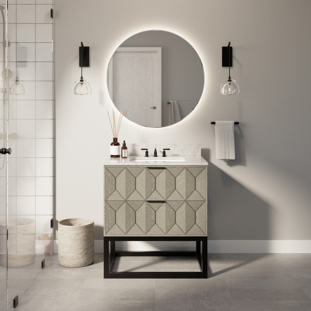 Henley 30" Bathroom Vanity, Gray Oak, Top: Carrara Marble