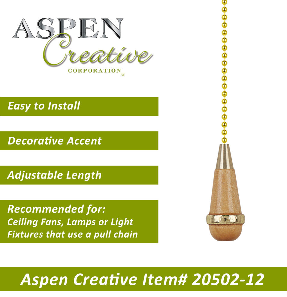 Aspen Creative 20502-X, 12" Wooden Knob Pull Chain with Polished Brass Accents,