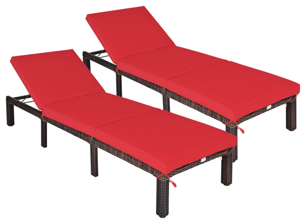 Costway 2PCS Rattan Lounge Chair Chaise Recliner Adjustable Cushioned Red