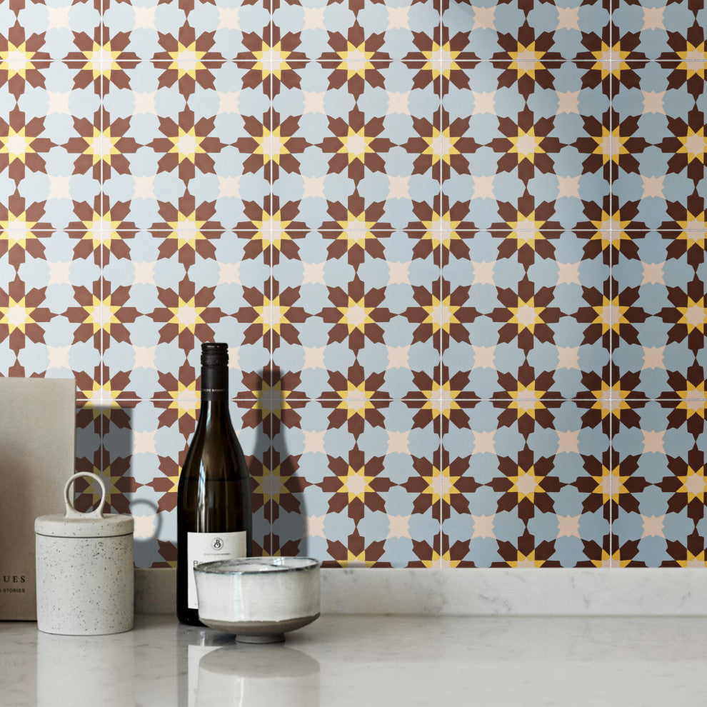 Ahfir Handmade Cement Tile, Brown/Blue/Yellow, Sample