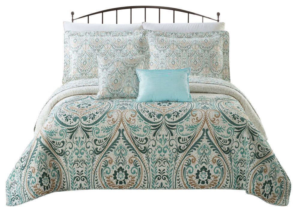 Damask 5 Piece Reversible Quilt Bed Spread Coverlet Set, Blue, Queen, 90"x90"