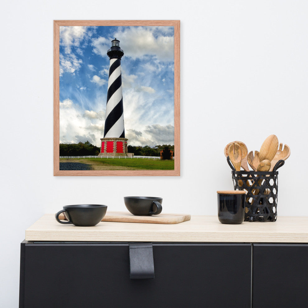 Cape Hatteras Lighthouse Coastal Landscape Framed Photo Paper Wall Art Prints, Red Oak, 16" X 20"