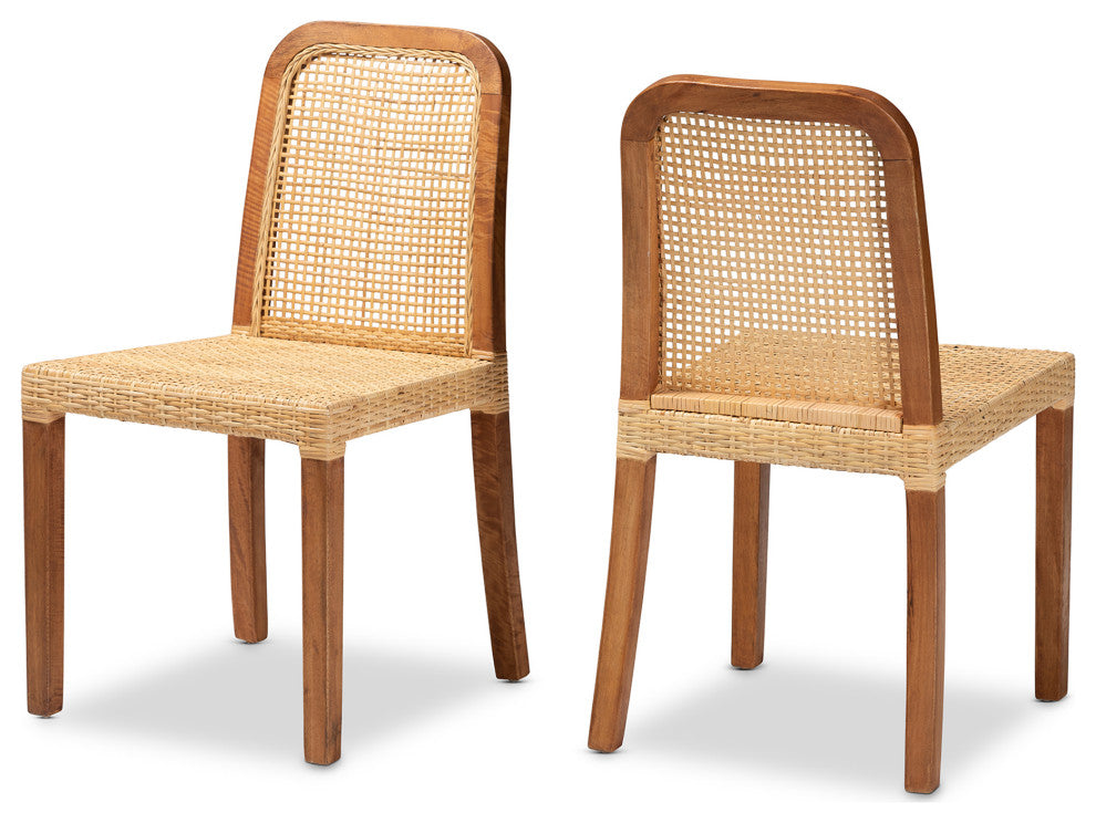 Caspia Modern Walnut Brown Finished Wood and Natural Rattan Dining Chair Set