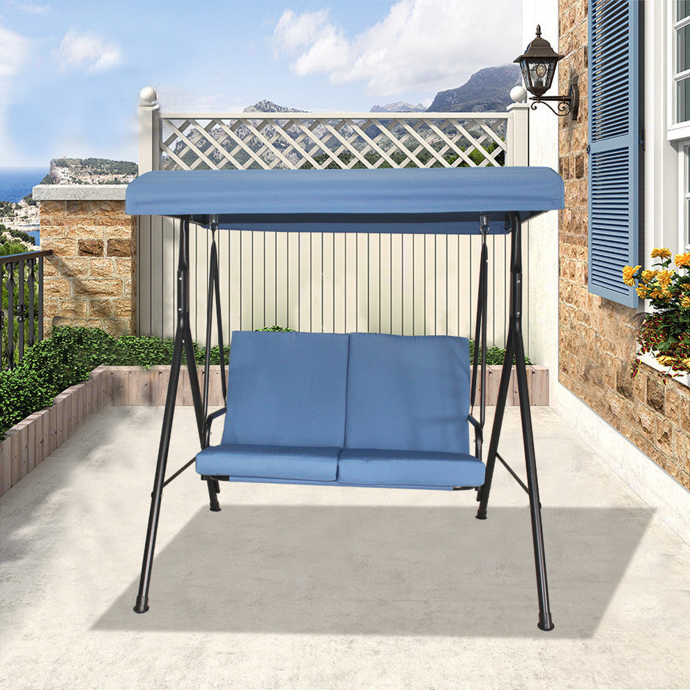 Home Beyond 2-Person Steel Fabric Outdoor Porch Swing Canopy With Stand, Blue