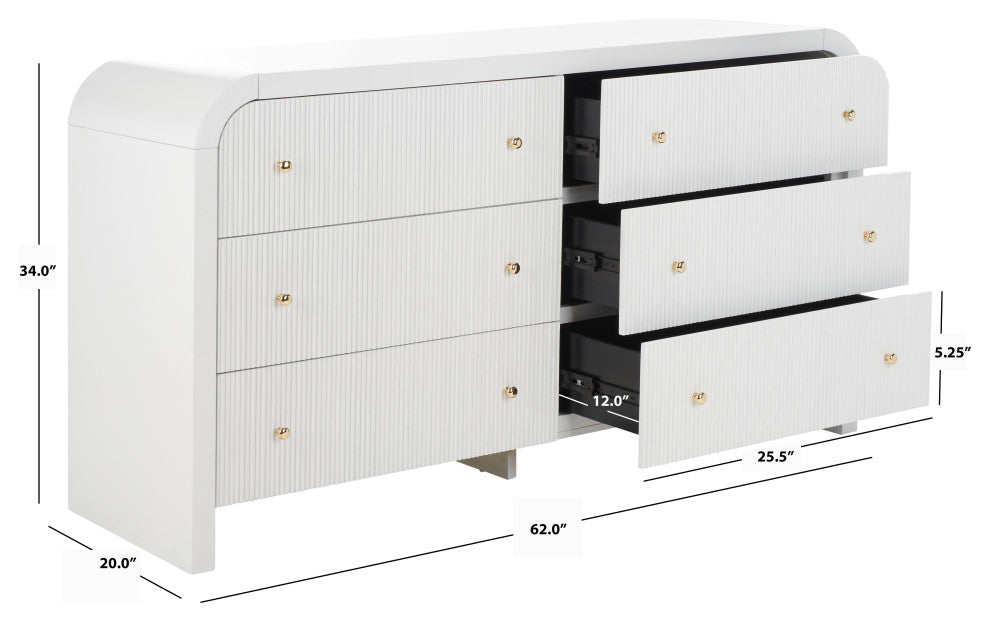 Safavieh Couture Liabella 6 Drawer Curved Dresser, White/Gold, White/Gold