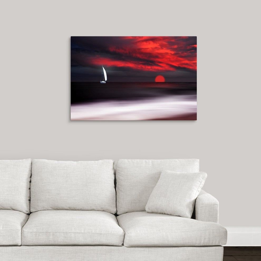 "White sailboat and red sunset" Wrapped Canvas Art Print, 36"x24"x1.5"