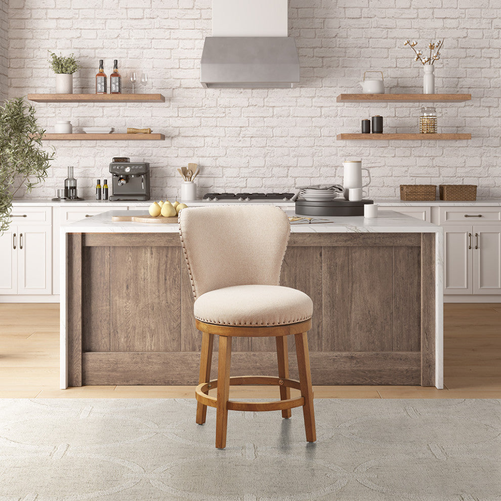 Madison Park Stewart Round Upholstered 360 Degree Swivel Counter Stool 25"H, Tan