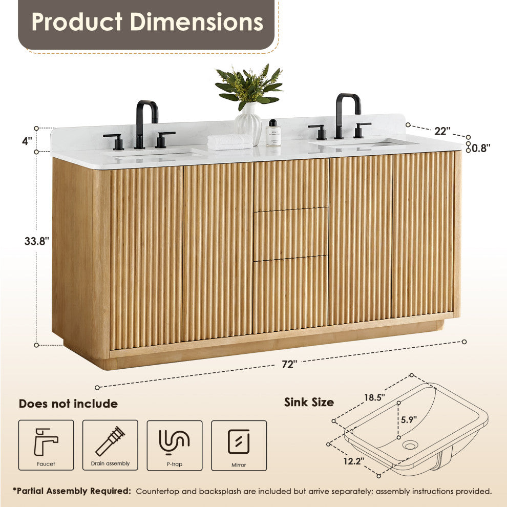 Clayton Bathroom Vanity, Washed Light Brown, 72", No Mirror