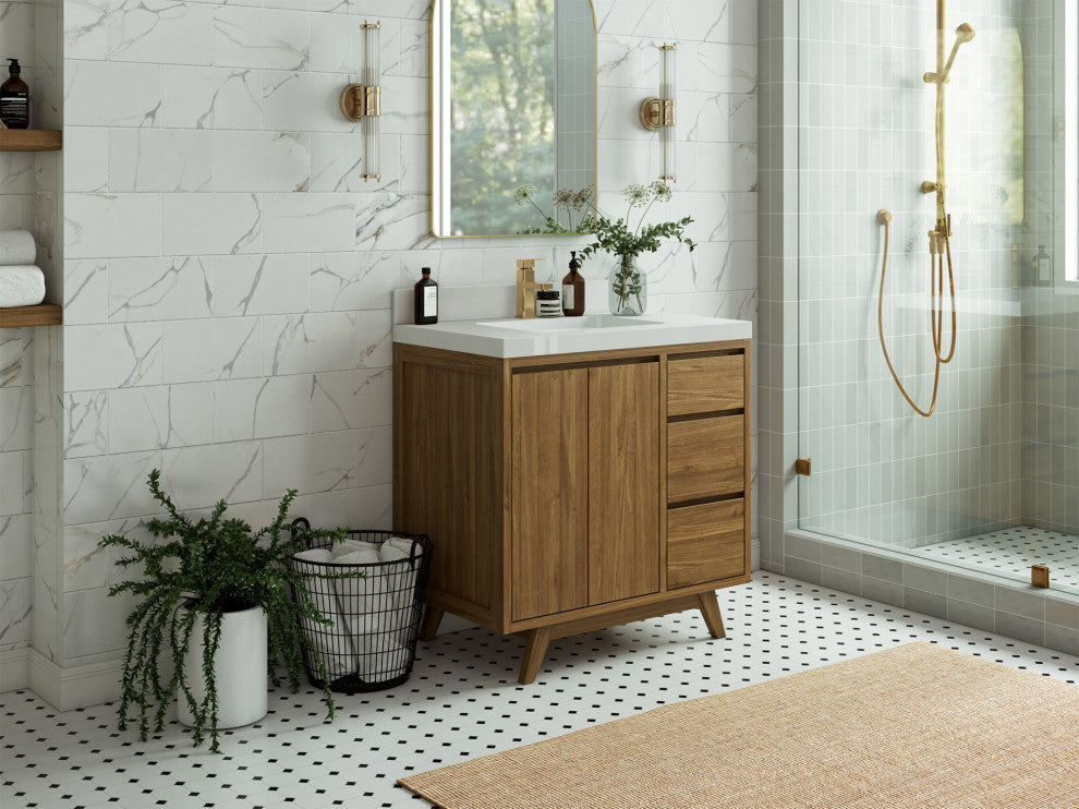 Madison Teak 36 Center Sink Bath Vanity in Dark Natural 1.5" White Quartz