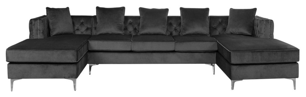Ryan Dark Gray Velvet Double Chaise Sectional Sofa with Nail-Head Trim