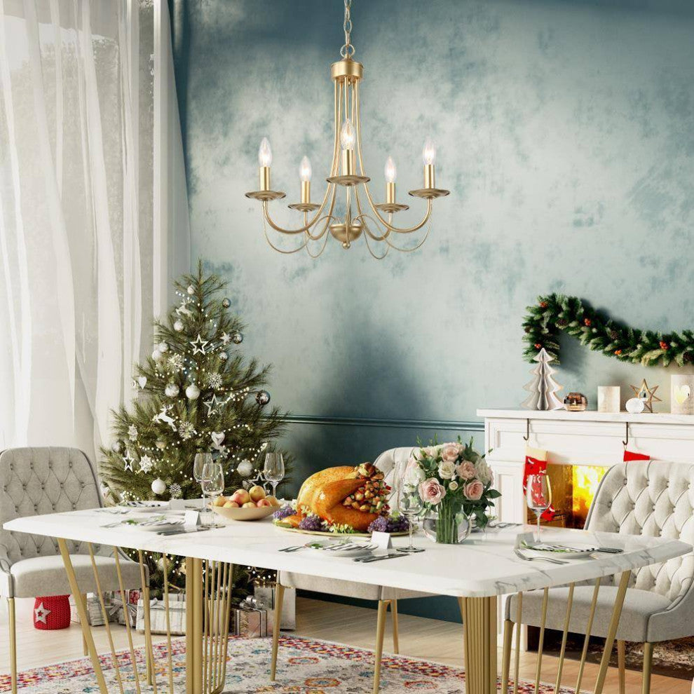 LNC 5-Light Modern Matte Metal Candle-Style Chandelier, Gold