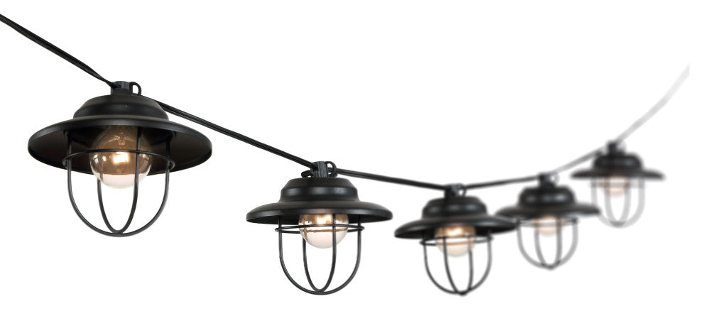 10-Light Indoor/Outdoor 10' Rustic G40 Metal Cage Shade String Lights, Black
