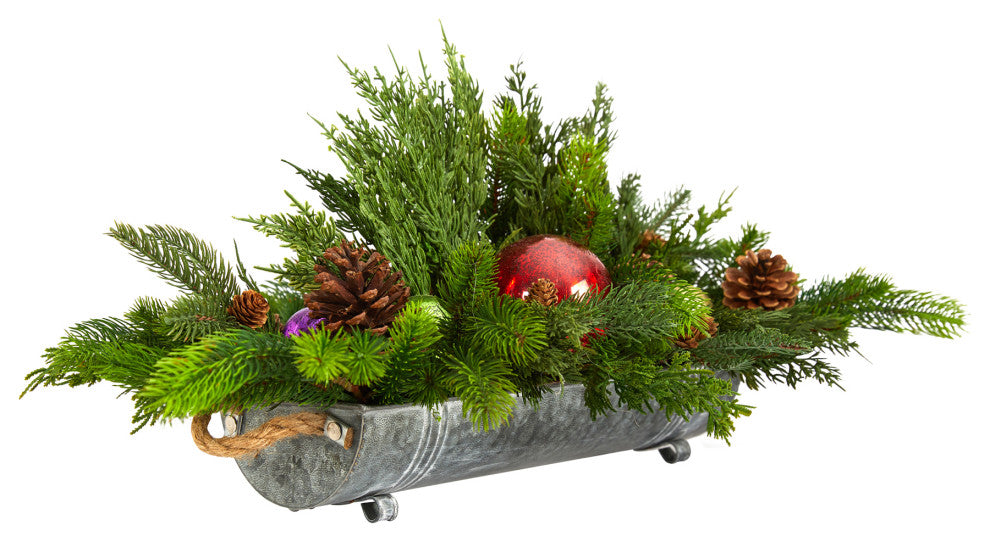 24" Cedar Pine, Pinecones and Ornaments Faux Christmas Arrangement, Tin Vase