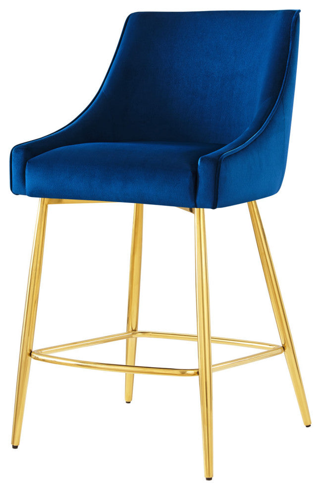 Counter Stool Chair, Set of 2, Blue Navy, Velvet, Modern, Mid Century Lounge