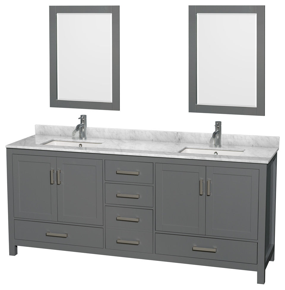 Sheffield 80" Dark Gray DBL Vanity, Carrara Marble Top, UM Sq Sinks, 24" Mrrs