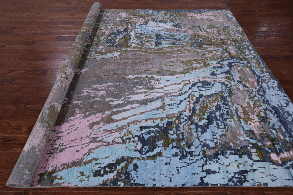 8' 3" X 9' 11" Abstract Handmade Wool and Silk Rug Q11789