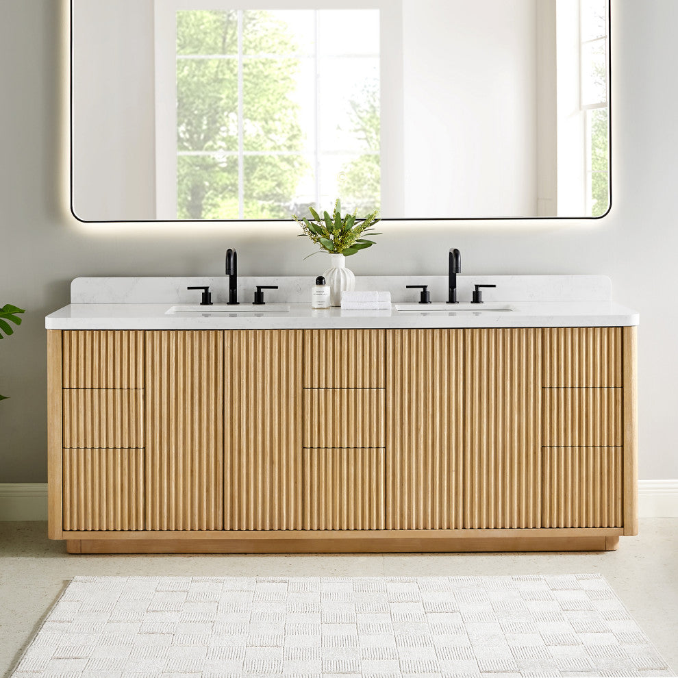 Clayton Bathroom Vanity, Washed Light Brown, 84", No Mirror