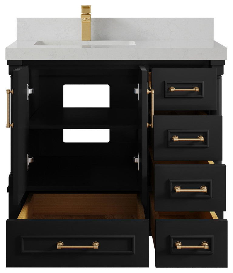 Aberdeen 36 Left Offset Bath Vanity in Black 2" Carrara Quartz