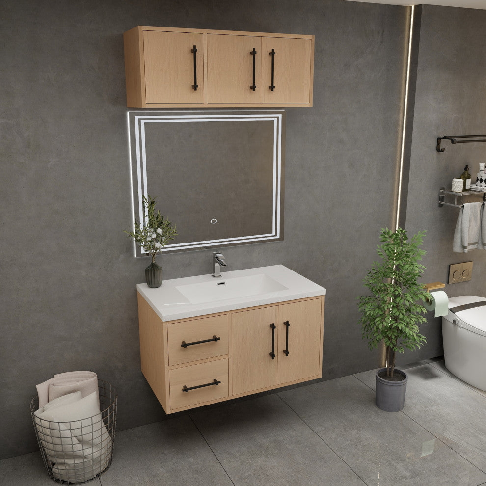 Victoria 36" Solid Wood Bath Vanity, Overhead Cabinet, Yellow Oak