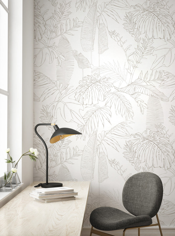 Hand Drawn Jungle Leaves Vinyl Peel and Stick Mural, Gray, 24"x108", Single