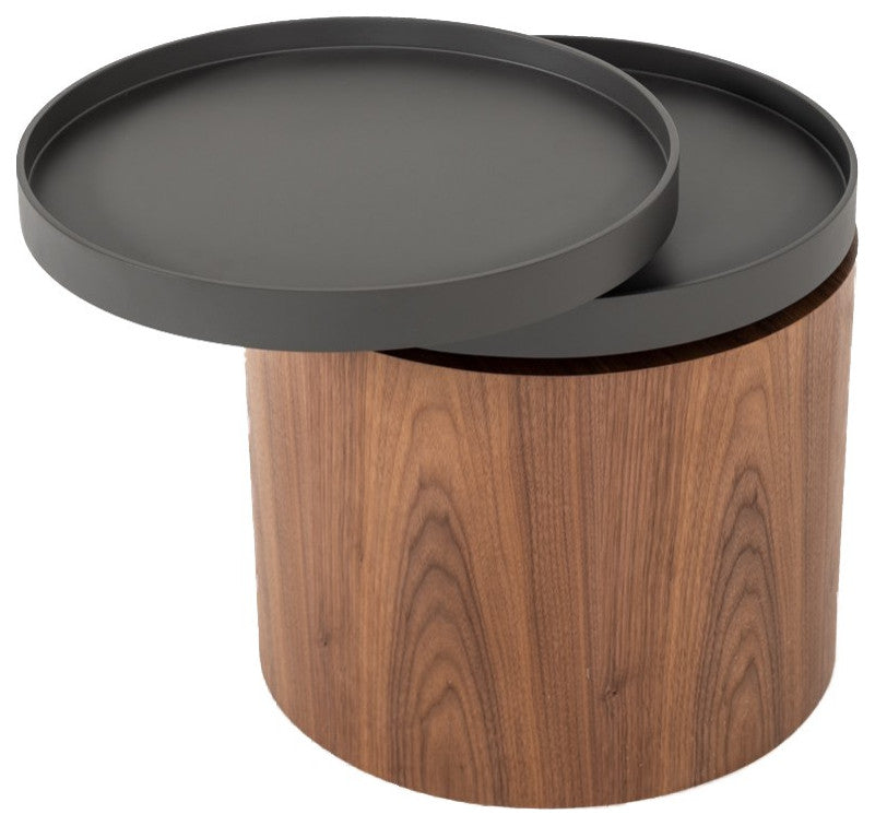 Benzara BM214822 Cylindrical Wooden End Table with Swivel Tray Top, Brown/Black