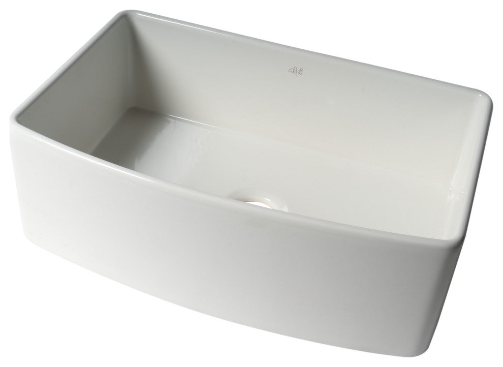 ALFI Brand ABFC3020-W Smooth Curved Apron One Bowl Fireclay Farm Sink with Grid