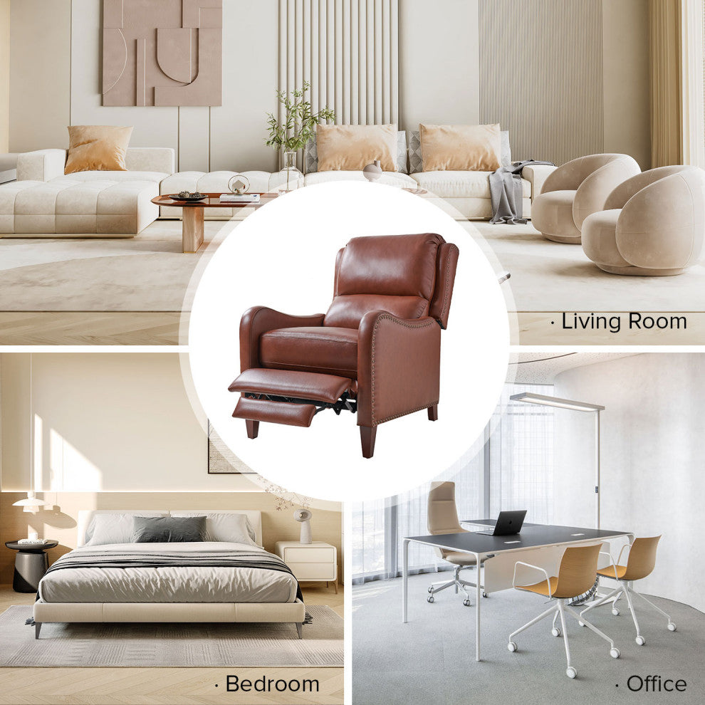 Genuine Leather  Push back Recliner With Wingback, Brown