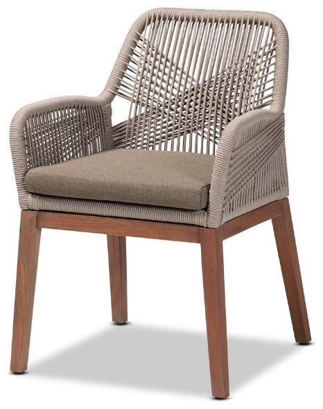 Mid-Century Transitional Gray Woven Rope Mahogany Dining Arm Chair