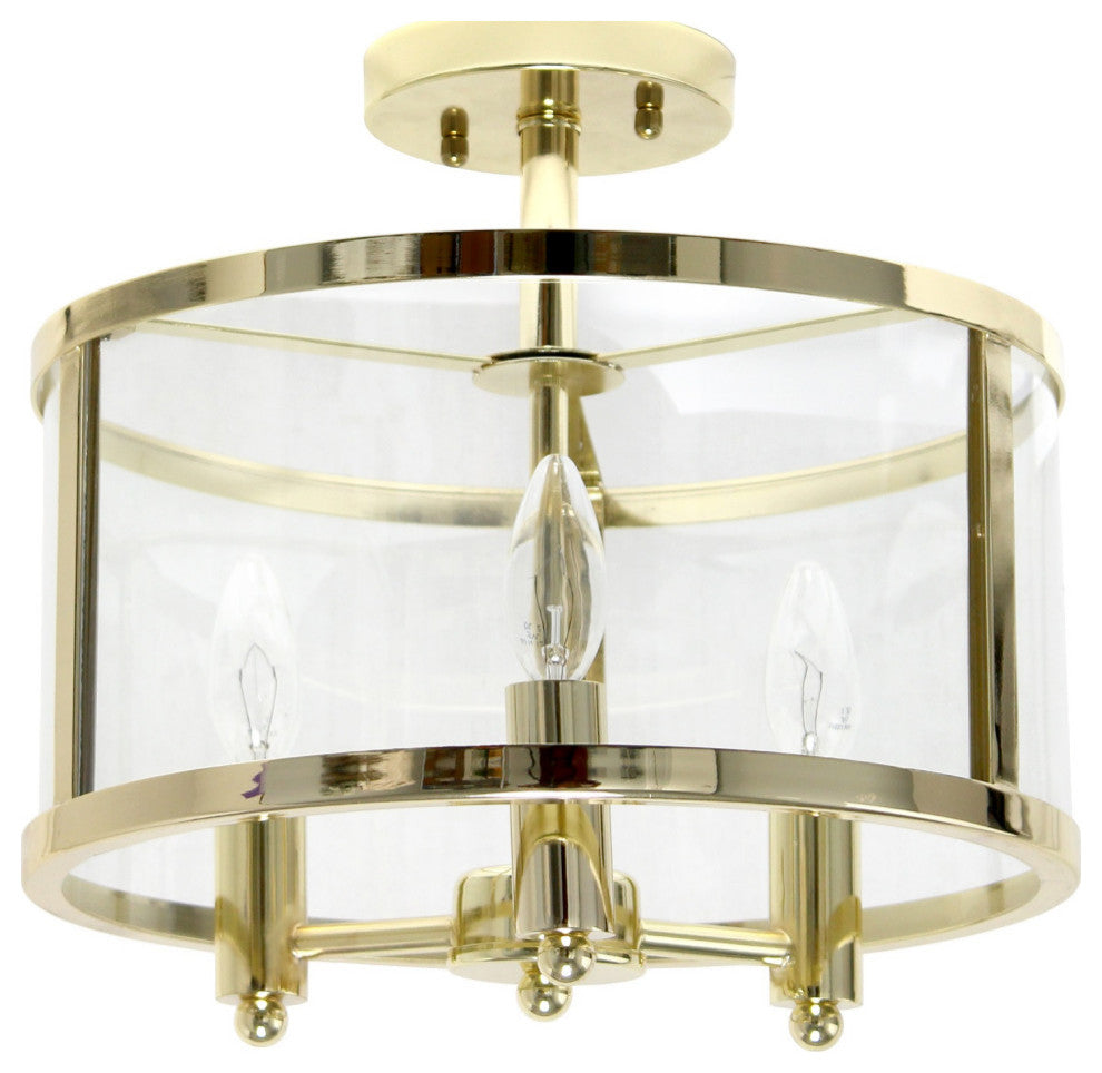 3-Light 13" Farmhouse Glass and Metallic Accented Semi-flushmount, Gold